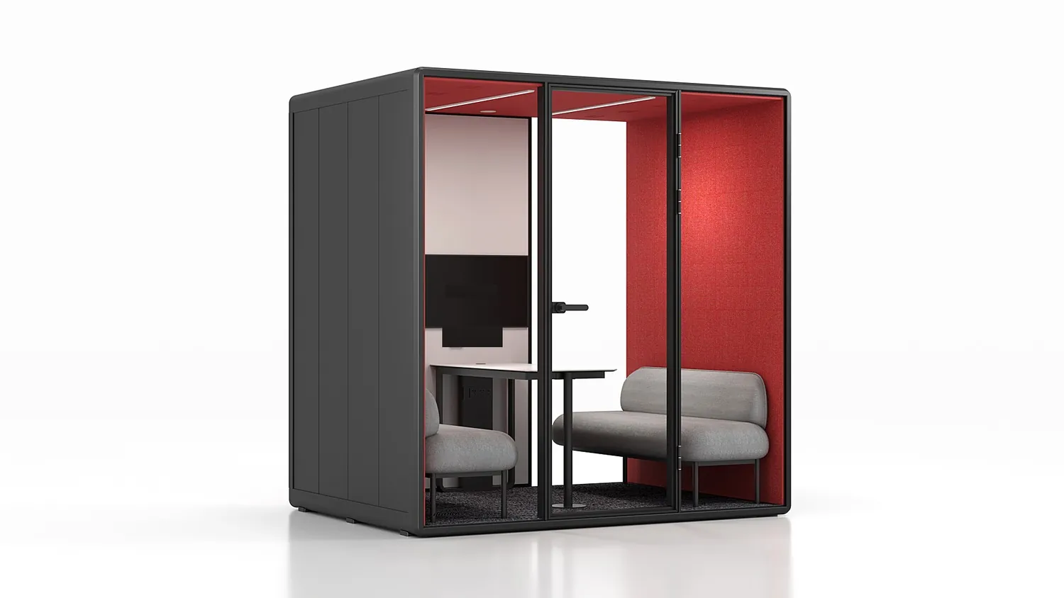 ZUO L acoustic meeting pod, charcoal exterior with red interior, three-quarter view