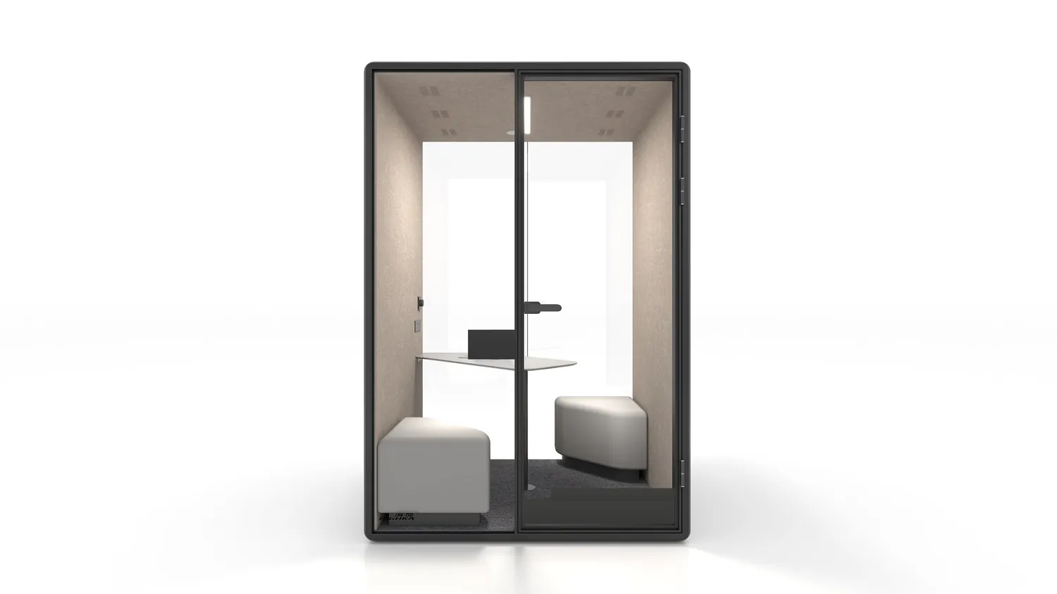 ZUO M acoustic pod, front elevation showing desk and two seats