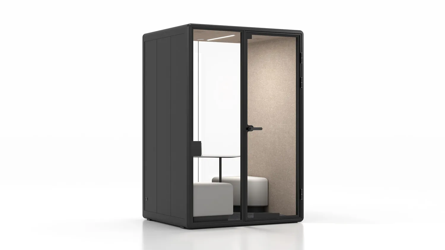 ZUO M acoustic pod, charcoal exterior with sand interior, three-quarter view