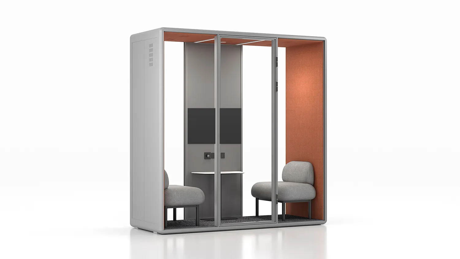 ZUO SL acoustic meeting pod, light grey exterior with amber interior, three-quarter view